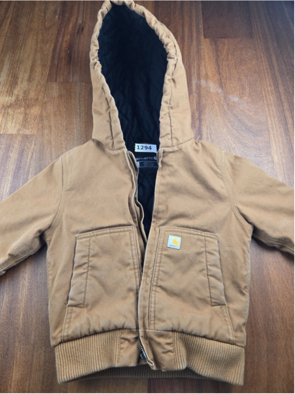 Carhartt Toddler Active Jacket Brown Duck Canvas Hooded Quilt Lined 4T USA #1294